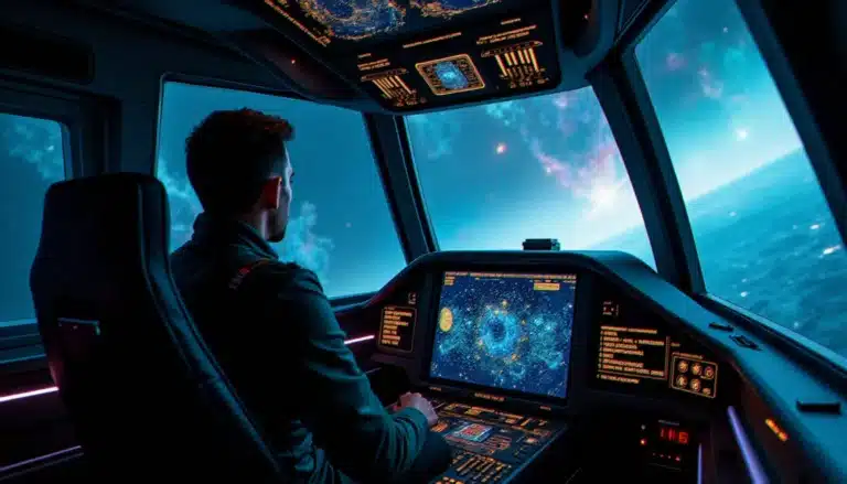 Cockpit de vaisseau spatial dans Elite Dangerous avec interface du Frame Shift Drive affichant les données de portée de saut, illustrant la mécanique elite dangerous tech broker fsd