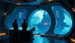 Intérieur d'une station orbitale dans Elite Dangerous avec interfaces holographiques affichant les elite dangerous tech broker locations disponibles dans la galaxie