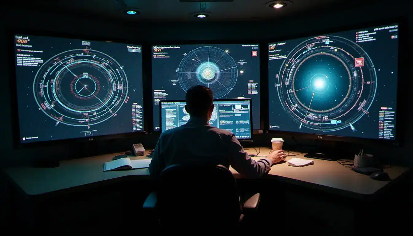 Joueur analysant des cartes stellaires et des données de routes commerciales sur plusieurs écrans pour optimiser sa navigation vers les systèmes à tech level élevé dans Elite Dangerous