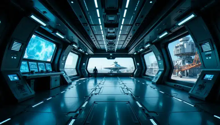 Station spatiale futuriste avec équipements technologiques avancés illustrant le concept d'elite dangerous tech level dans un environnement de science-fiction photoréaliste