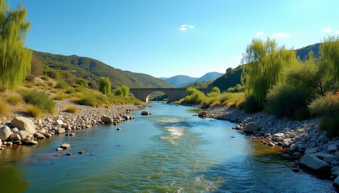 L'Aude, principal fleuve côtier d'Occitanie, traversant la plaine audoise avec un pont historique en arrière-plan