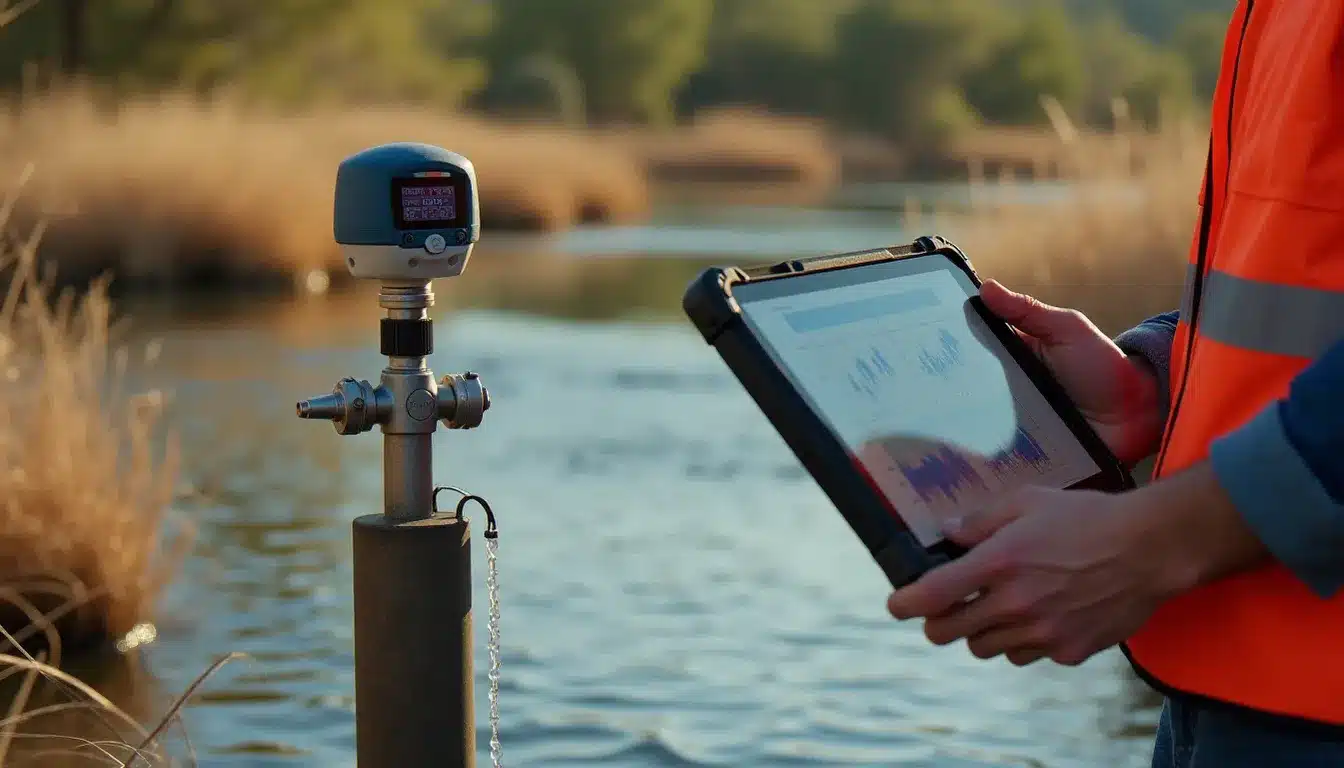 Station de mesure IoT installée sur un fleuve côtier d'Occitanie, avec un technicien consultant les données hydrologiques en temps réel sur tablette