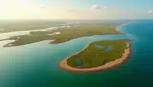 Vue aérienne du fleuve côtier Hérault se jetant dans la Méditerranée en région Occitanie, avec ses zones humides et le littoral en arrière-plan