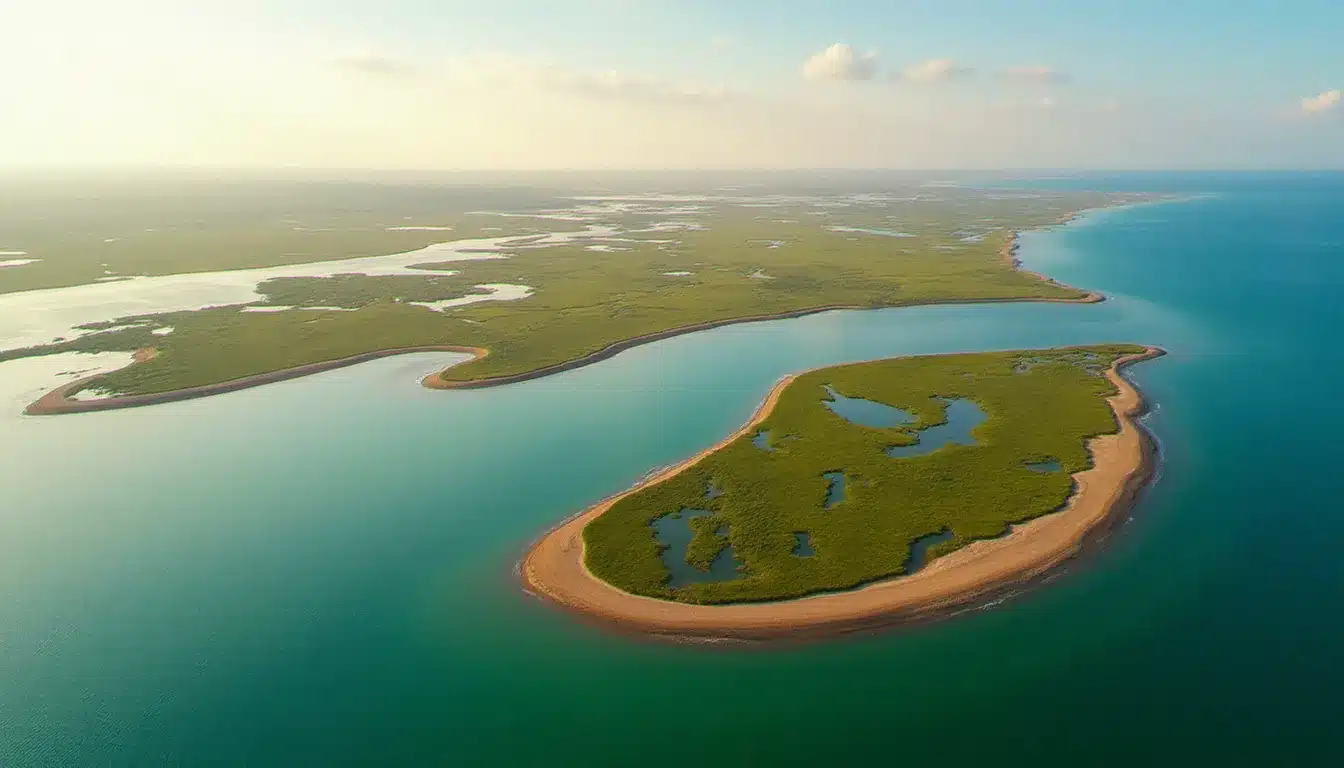 Vue aérienne du fleuve côtier Hérault se jetant dans la Méditerranée en région Occitanie, avec ses zones humides et le littoral en arrière-plan