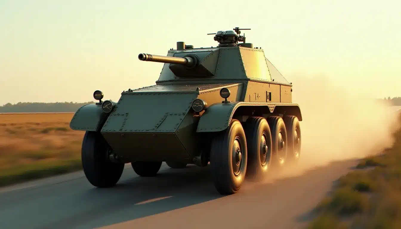 Automitrailleuse française EBR à huit roues en pleine accélération sur une route de campagne européenne, illustrant la vitesse caractéristique des véhicules blindés de l'arbre France dans War Thunder