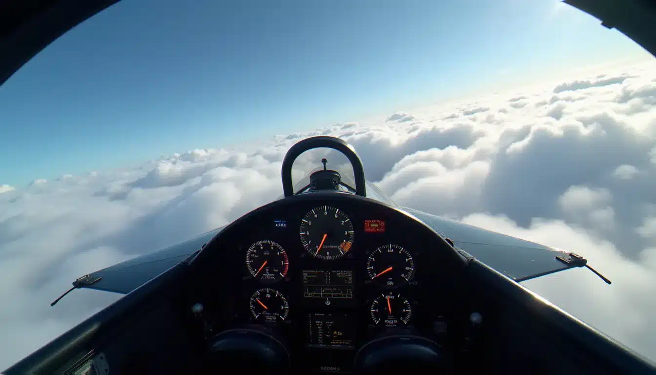 Vue intérieure du cockpit d'un Mirage 2000 français en vol à haute altitude au-dessus des nuages, représentant l'aviation de pointe du france tech tree war thunder