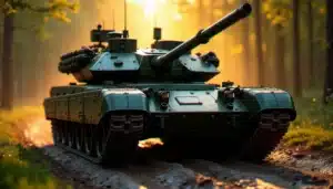 Char Leclerc de l'arbre technologique france tech tree war thunder traversant une clairière forestière européenne au coucher du soleil, camouflage militaire vert et canon 120mm en focus