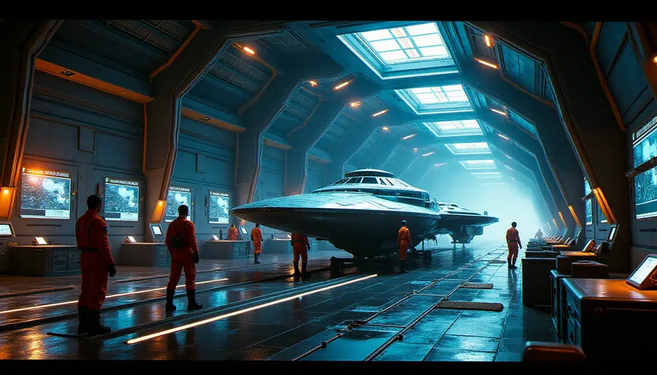 Vue panoramique d'un port spatial de haute technologie dans Elite Dangerous, vaisseaux amarrés et panneaux holographiques indiquant la présence d'un human tech broker
