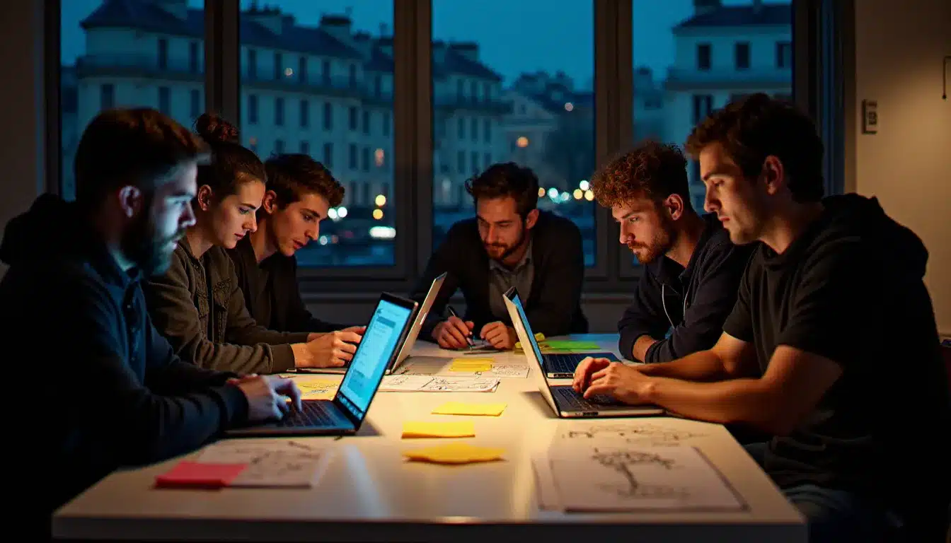Équipe de participants au Hackathon HI Paris en plein sprint nocturne, appliquant une culture d'optimisation systémique inspirée des mécaniques de progression d'Elite Dangerous