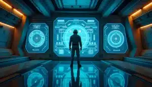 Pilote humain face à un terminal de human tech broker dans une station spatiale d'Elite Dangerous, interface holographique de déblocage de modules technologiques avancés en lumière bleue