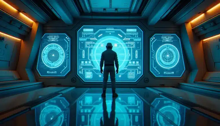 Pilote humain face à un terminal de human tech broker dans une station spatiale d'Elite Dangerous, interface holographique de déblocage de modules technologiques avancés en lumière bleue