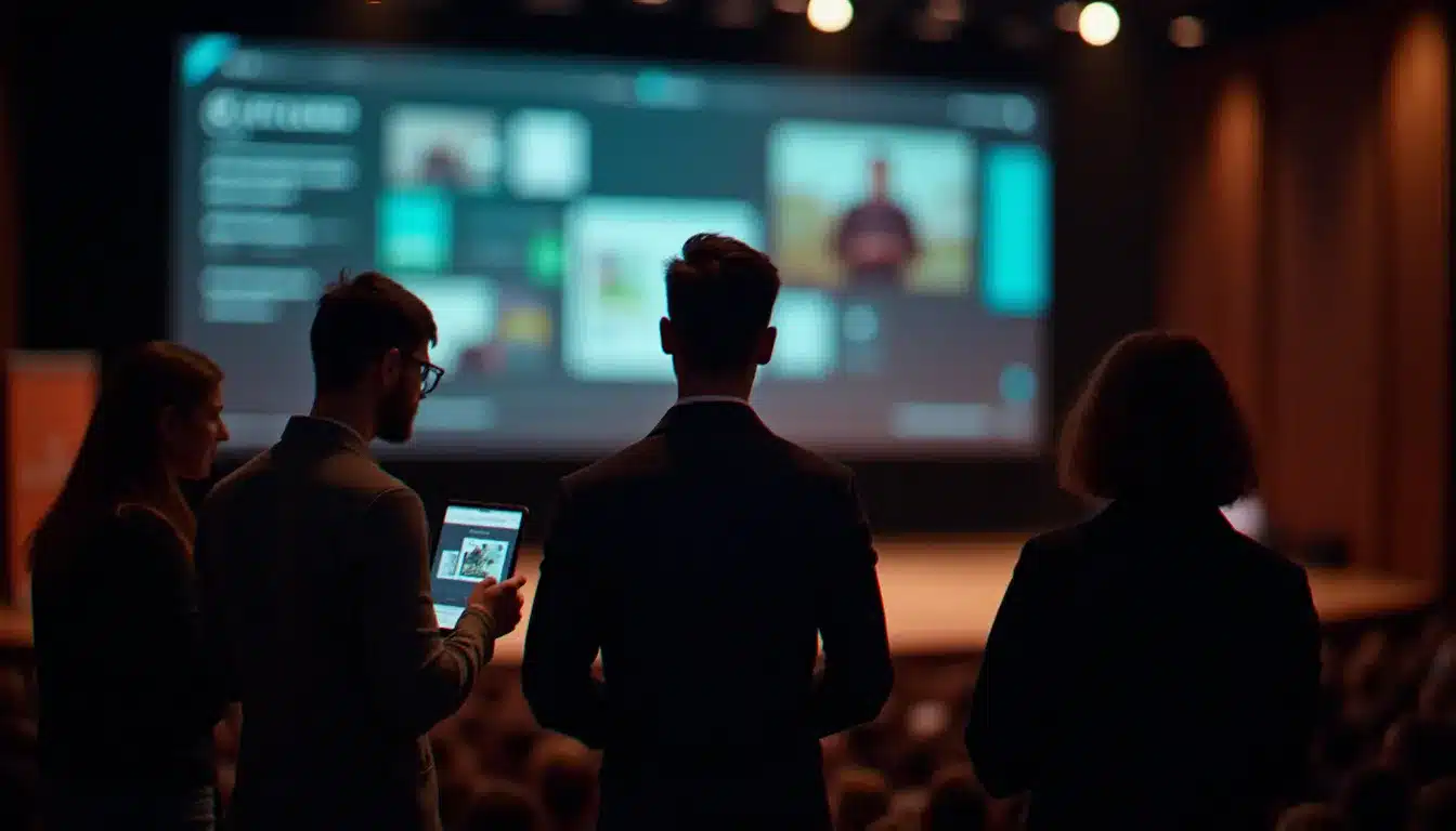 Équipe présentant un projet de machine learning devant un jury dans un auditorium universitaire français lors d'un hackathon, démo live sur tablette