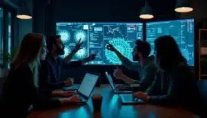Équipe de data scientists travaillant sur des machine learning hackathon ideas autour d'un écran affichant des visualisations de modèles ML dans un espace tech parisien