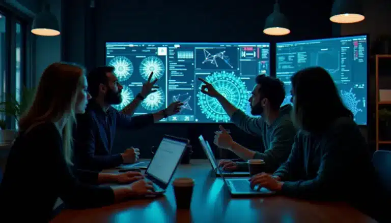 Équipe de data scientists travaillant sur des machine learning hackathon ideas autour d'un écran affichant des visualisations de modèles ML dans un espace tech parisien