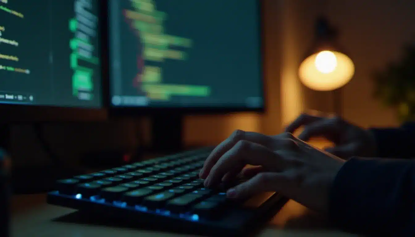 Développeur tapant rapidement au clavier pendant un hackathon avec plusieurs écrans affichant un éditeur de code et un pipeline CI/CD dans le cadre d'une utilisation mass tech