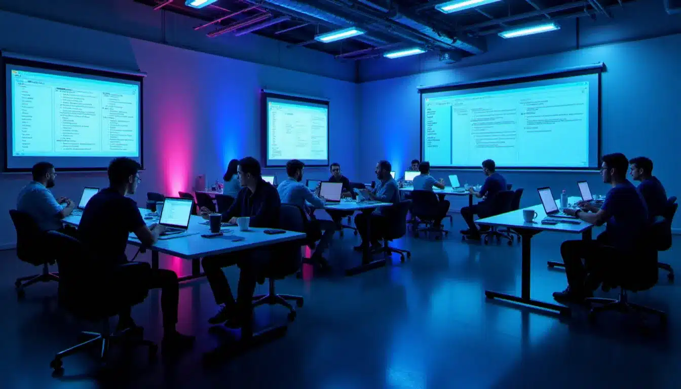 Vue panoramique d'une salle de hackathon en soirée avec des équipes utilisant leurs stacks mass tech, grands écrans de monitoring et tableaux kanban projetés sur les murs