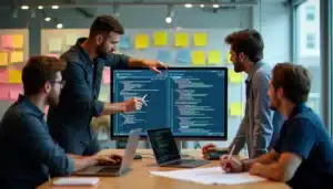 Équipe de cinq participants utilisant le mass tech lors d'un hackathon dans un espace co-working moderne, avec laptops ouverts et post-its sur vitre