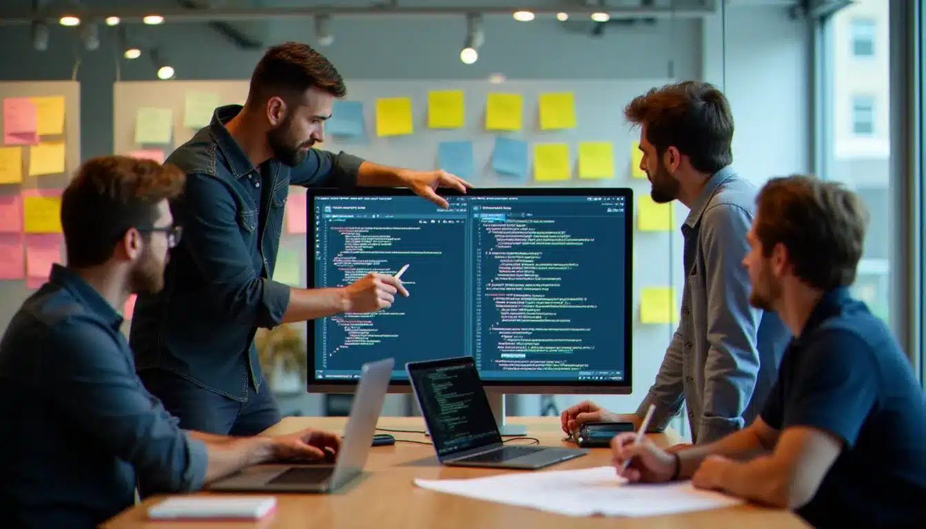 Équipe de cinq participants utilisant le mass tech lors d'un hackathon dans un espace co-working moderne, avec laptops ouverts et post-its sur vitre