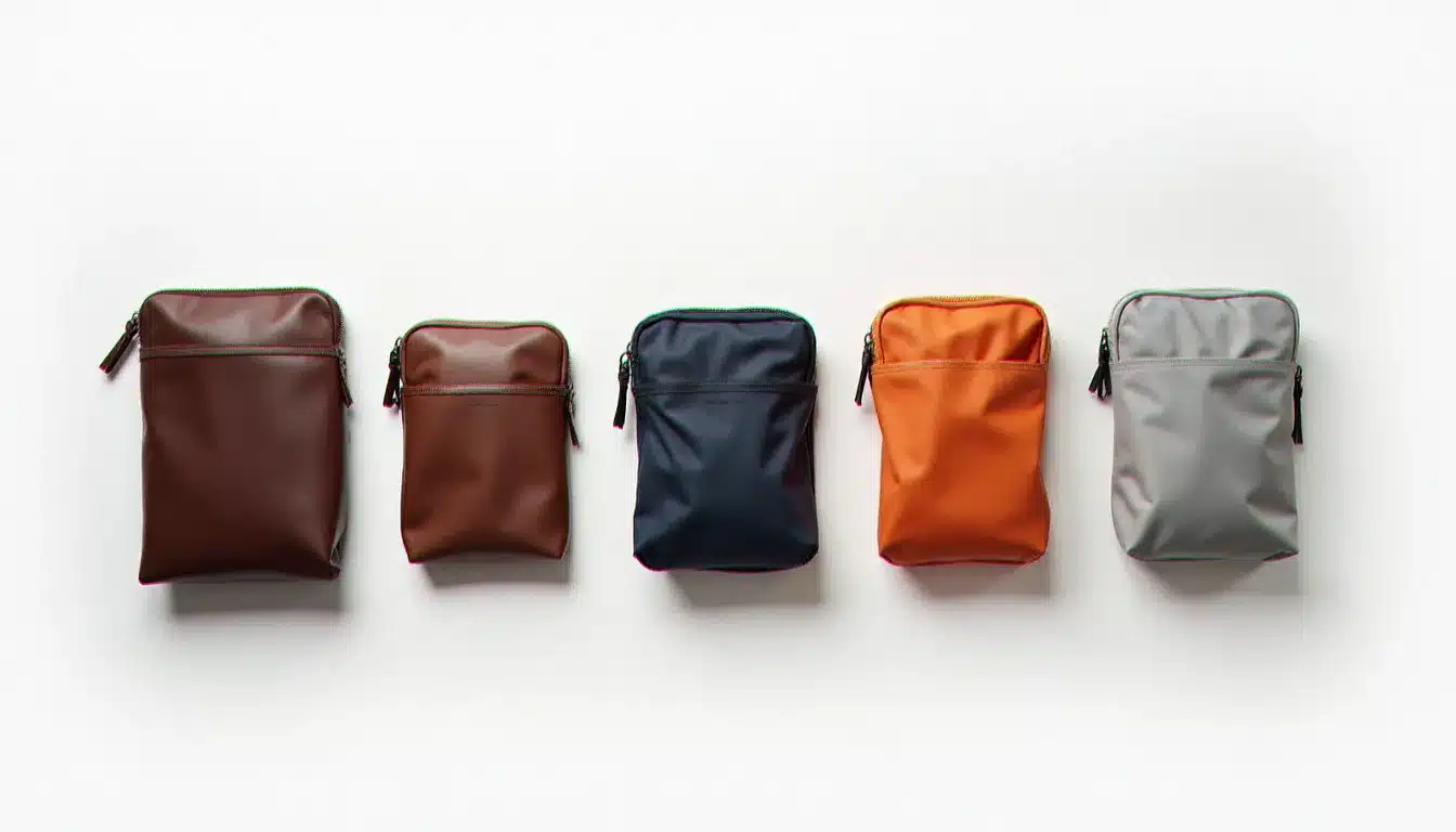 Comparatif de cinq tech pouches différents posés côte à côte, du modèle premium au budget, vue de dessus sur fond blanc