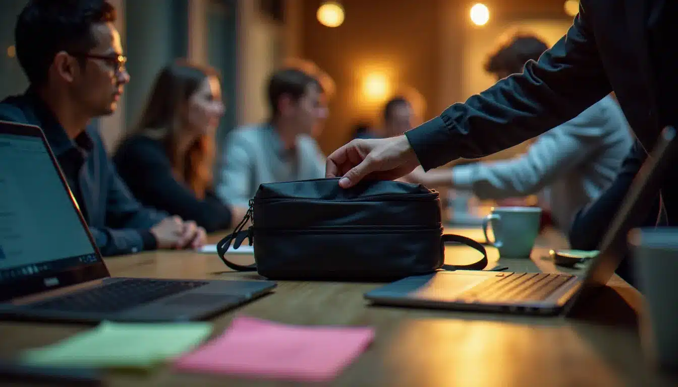 Participant d'un hackathon qui ouvre son tech pouch sur une table de travail entourée d'ordinateurs et de coéquipiers en arrière-plan flou