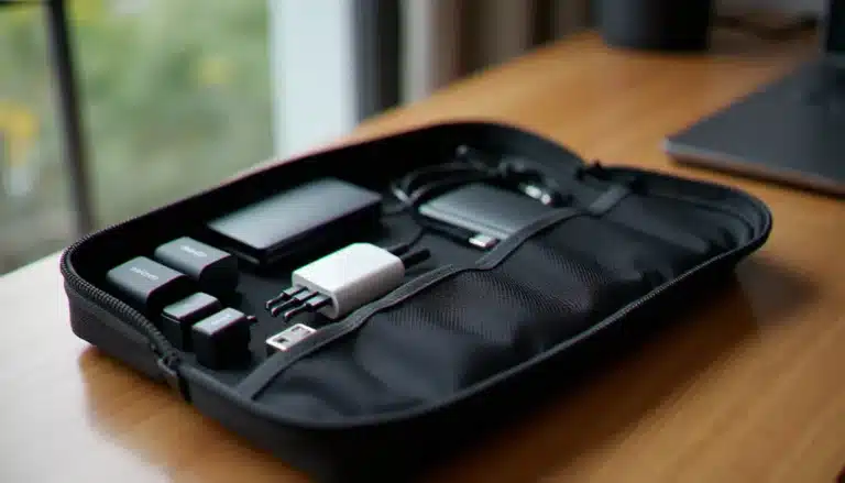 Meilleur tech pouch ouvert sur un bureau en bois, avec câbles USB-C, chargeur compact et hub organisés dans les pochettes intérieures