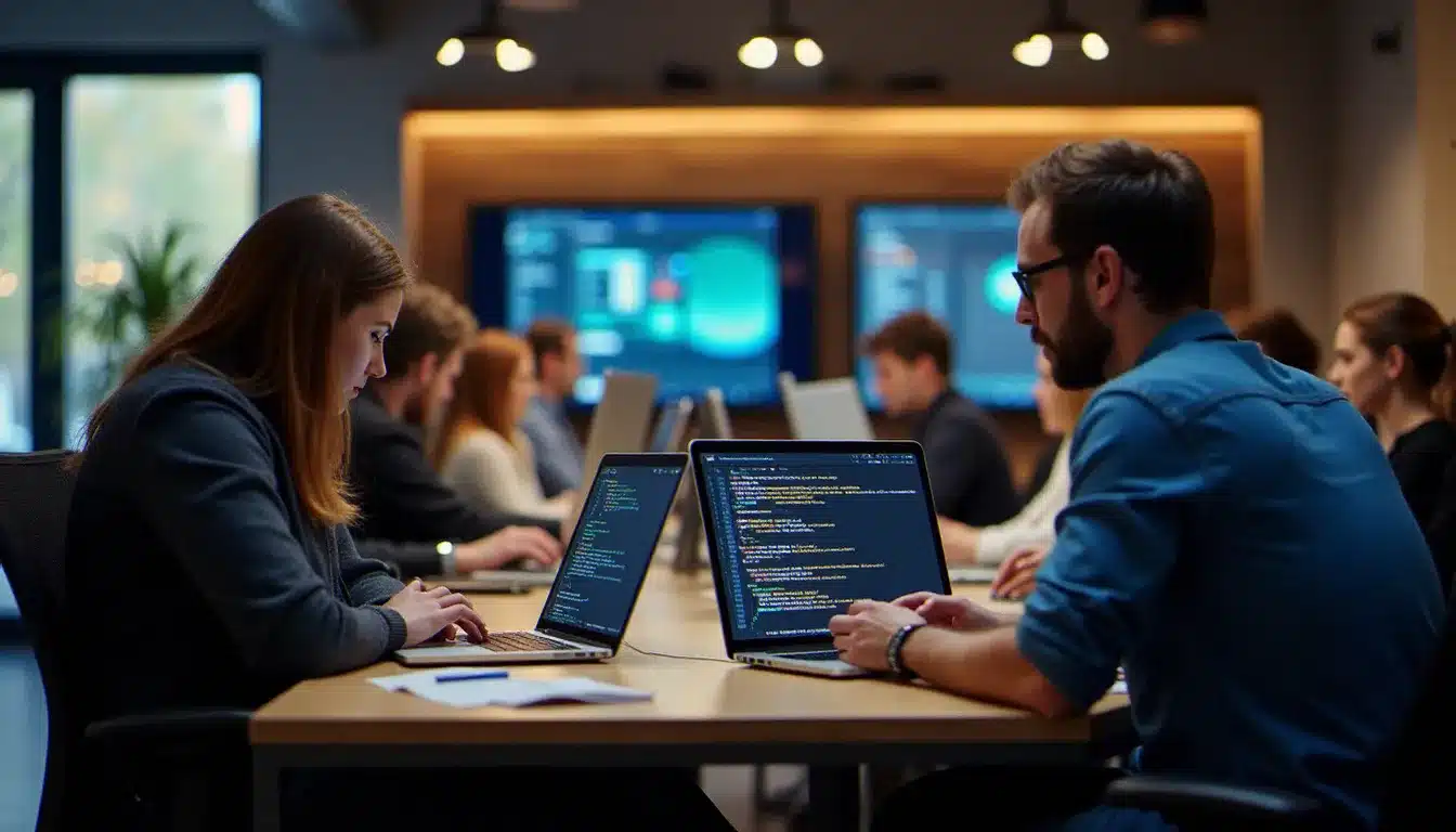 Équipe de data scientists et ingénieurs parisiens travaillant en espace de coworking moderne, reflétant la dynamique de collaboration de l'écosystème tech parisien
