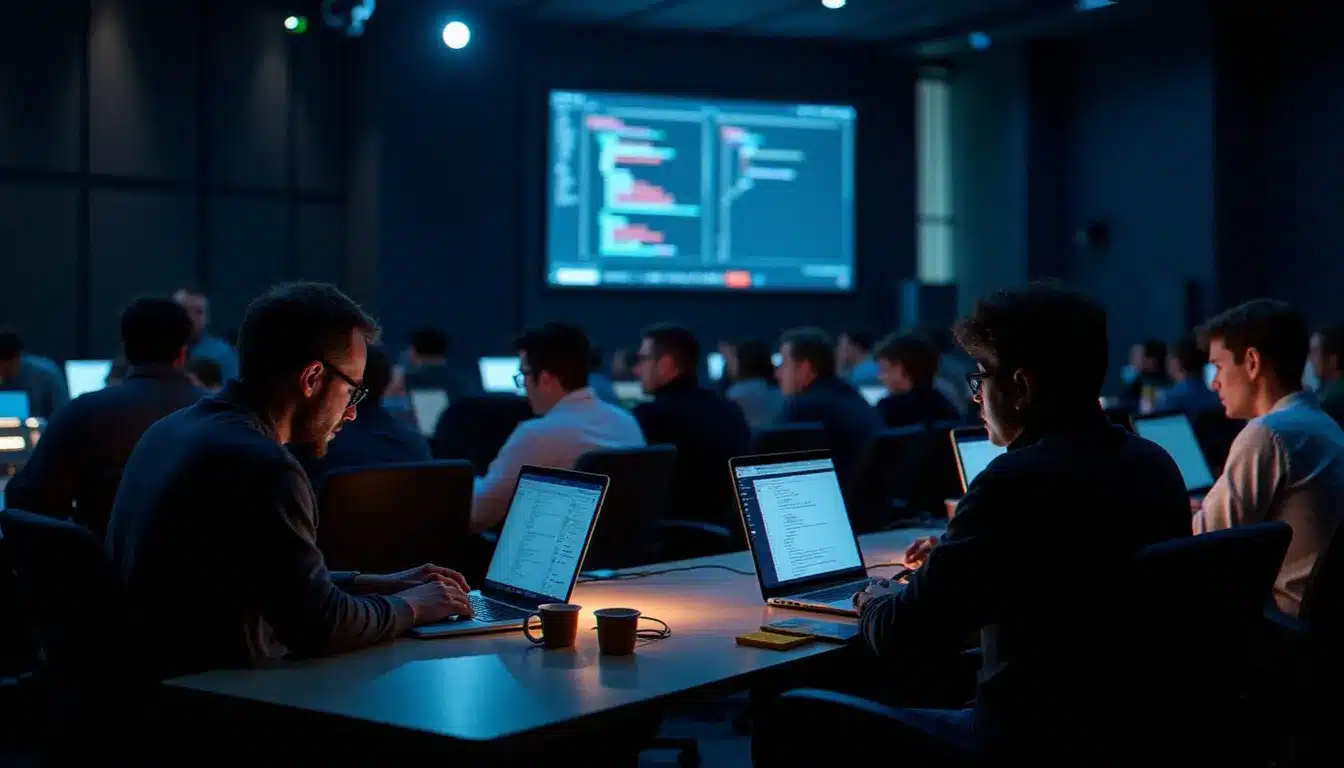 Équipes en plein sprint nocturne lors d'un hackathon parisien, entourées d'écrans de code et de tableaux de bord data, illustrant l'intensité des événements net technologie Paris