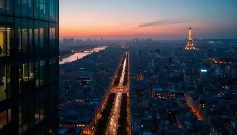 Vue aérienne de Paris au crépuscule illustrant l'écosystème net technologie Paris avec les immeubles tech modernes et la Seine en arrière-plan