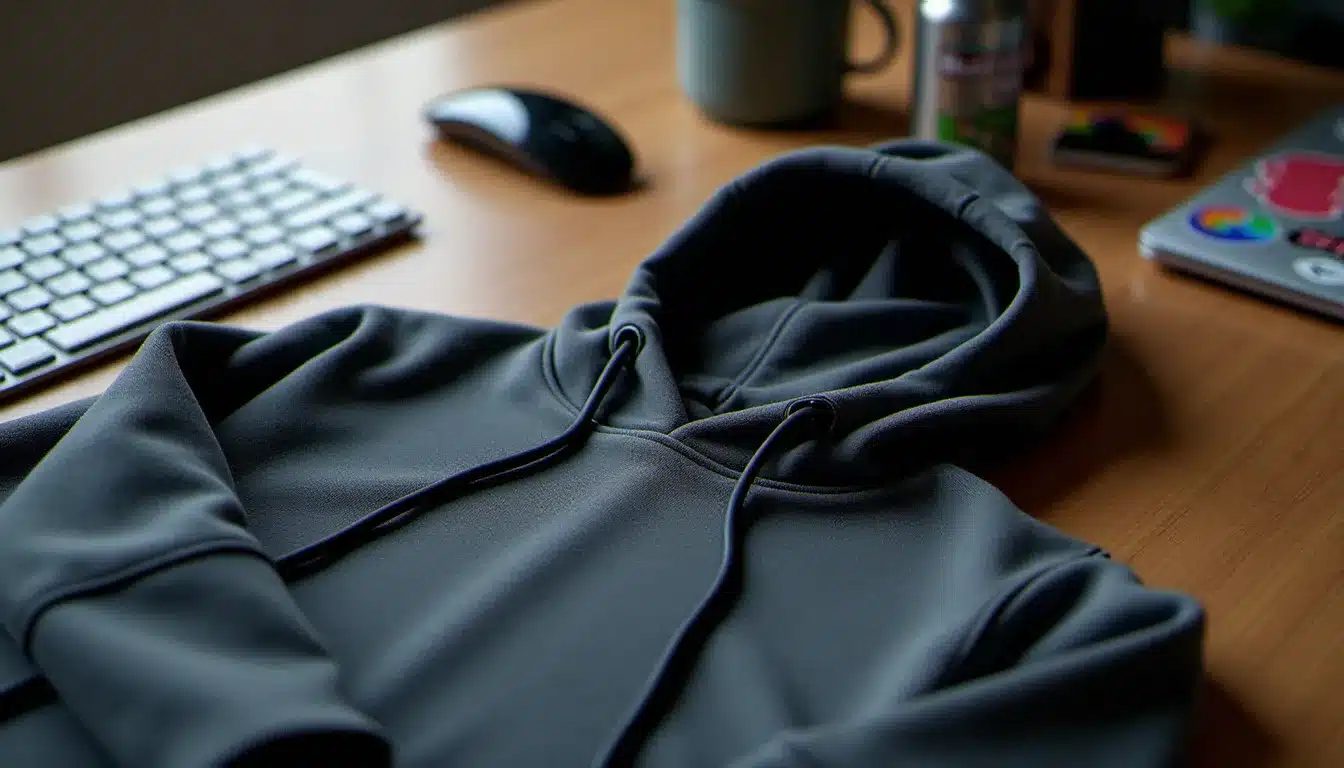 Nike tech avec cagoule grise posée sur un bureau de développeur avec clavier mécanique, éclairage naturel matinal