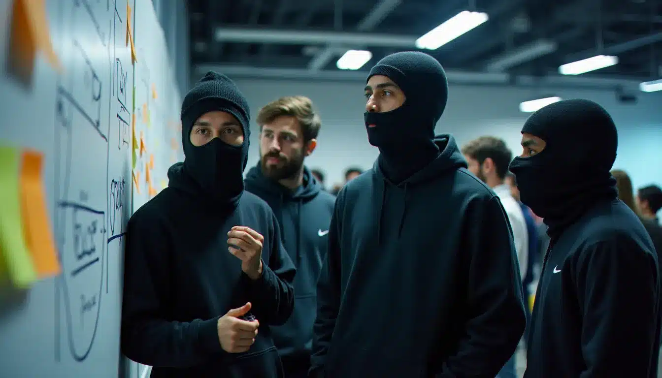 Équipe de développeurs dont certains portent un nike tech avec cagoule lors d'une session de sprint dans un grand hackathon parisien