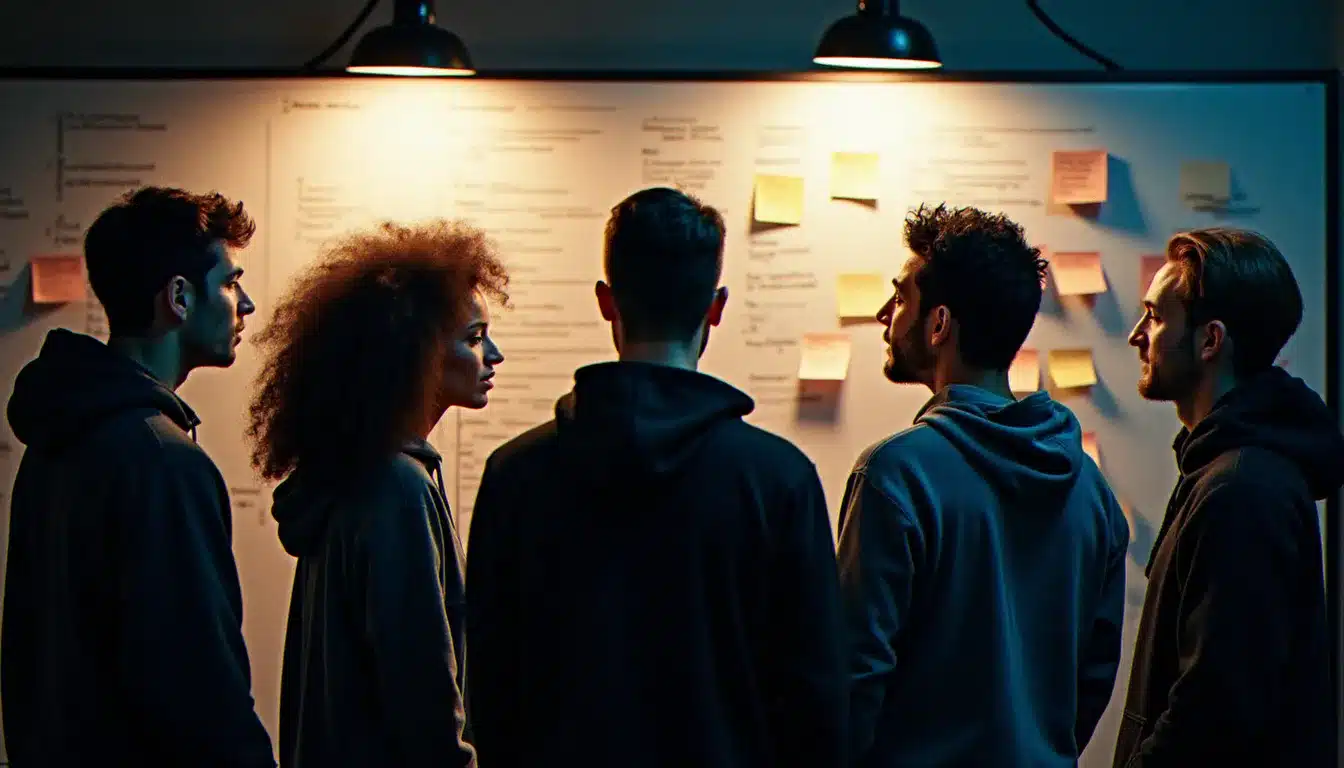 Équipe pluridisciplinaire de participants à un hackathon portant des vêtements techniques dont des modèles à cagoule, collaborant autour d'un tableau de conception en fin de nuit