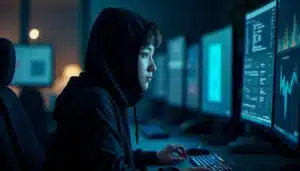 Femme portant un nike tech avec cagoule noire travaillant sur plusieurs écrans dans un espace de hackathon en éclairage nocturne