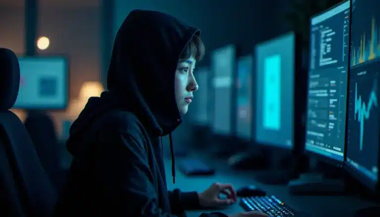 Femme portant un nike tech avec cagoule noire travaillant sur plusieurs écrans dans un espace de hackathon en éclairage nocturne