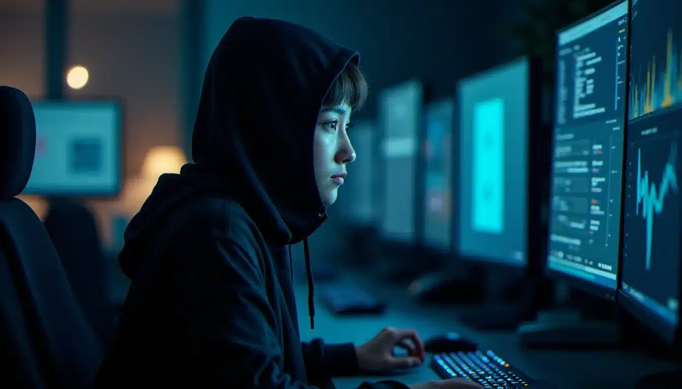 Femme portant un nike tech avec cagoule noire travaillant sur plusieurs écrans dans un espace de hackathon en éclairage nocturne