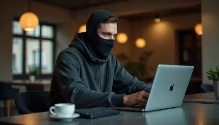 Porteur d'un nike tech avec cagoule gris anthracite travaillant intensément sur un ordinateur portable dans un espace de coworking parisien contemporain
