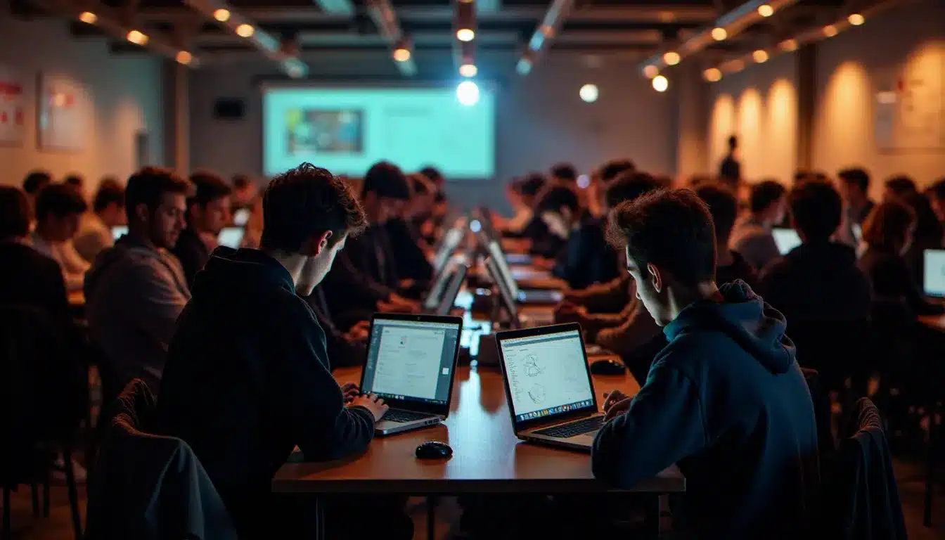 Salle de hackathon animée avec équipes de participants portant des sweats à capuche lors d'une session de travail nocturne