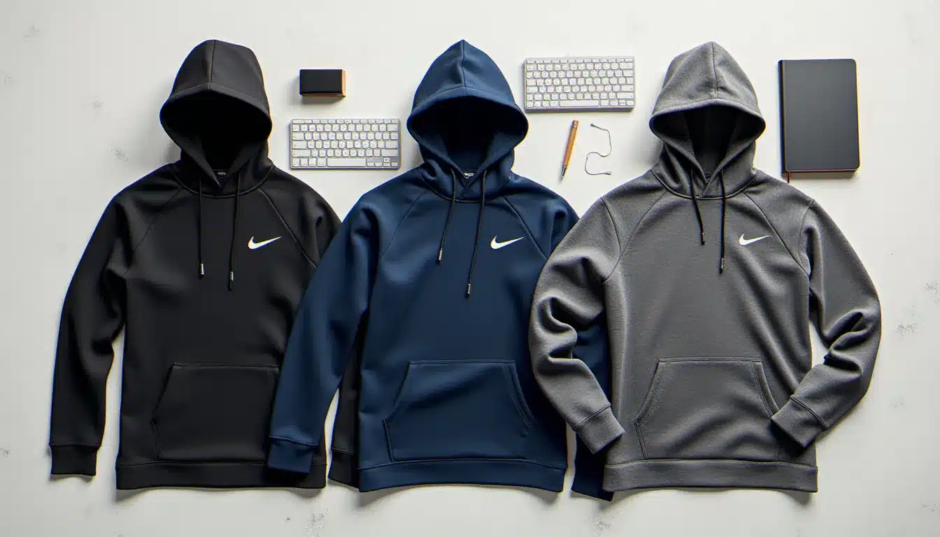 Comparaison de trois modèles de nike tech avec capuche en coloris noir, marine et anthracite posés sur surface béton
