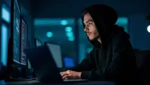 Participant en nike tech avec capuche noir travaillant sur son ordinateur lors d'un hackathon tech en soirée