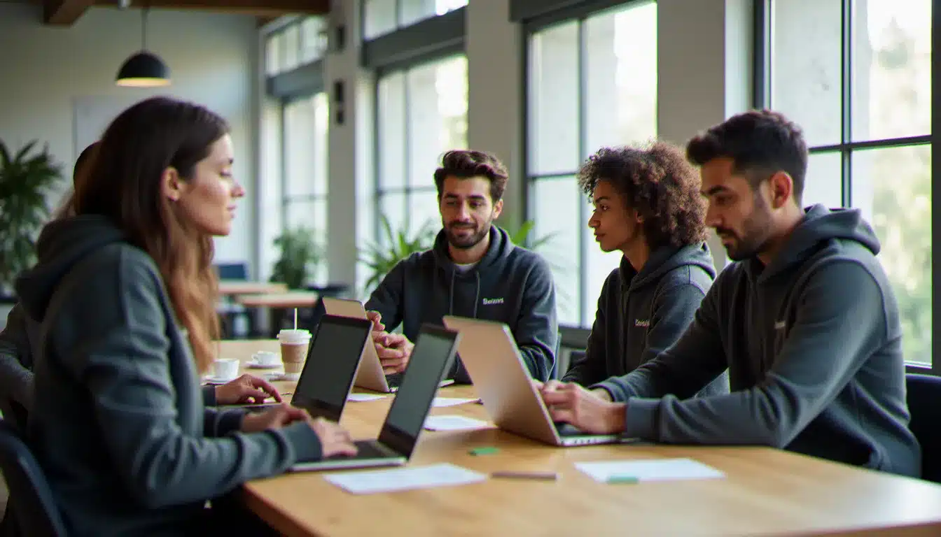 Équipe de quatre développeurs portant des Nike Tech avec écriture personnalisée coordonnée lors d'une session de travail en coworking parisien