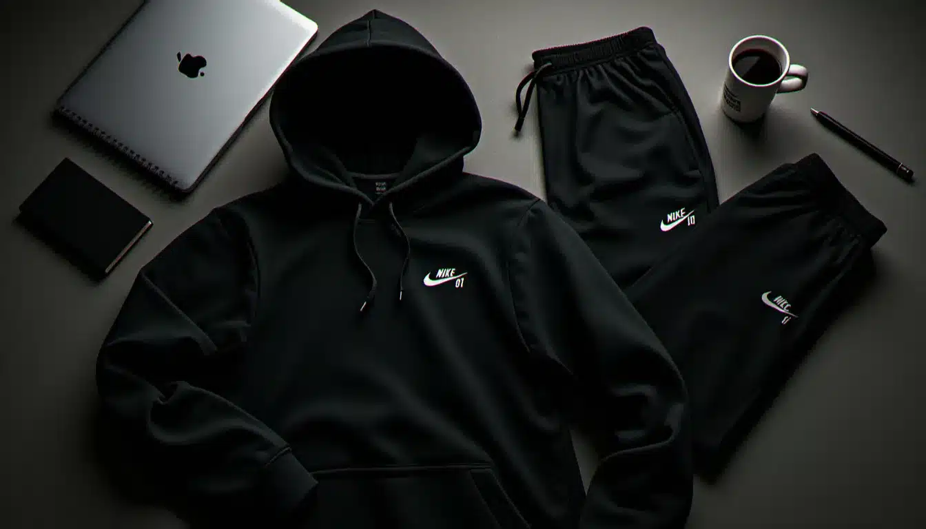 Ensemble Nike Tech Fleece avec écriture brodée vue de dessus, combinaison hoodie et jogger assortis pour équipe tech événement hackathon