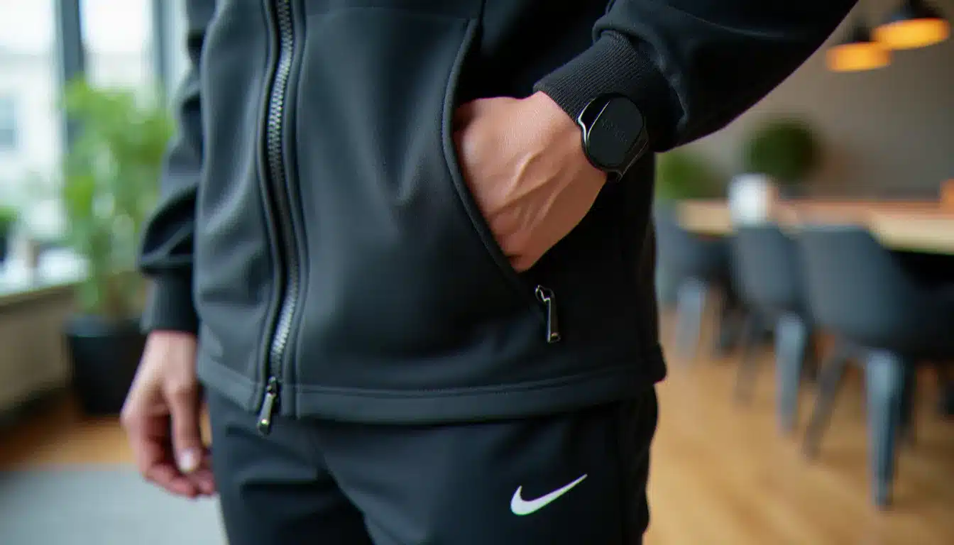Gros plan sur la poche zippée latérale d'un nike tech avec poche contenant un smartphone et une clé USB pendant un hackathon