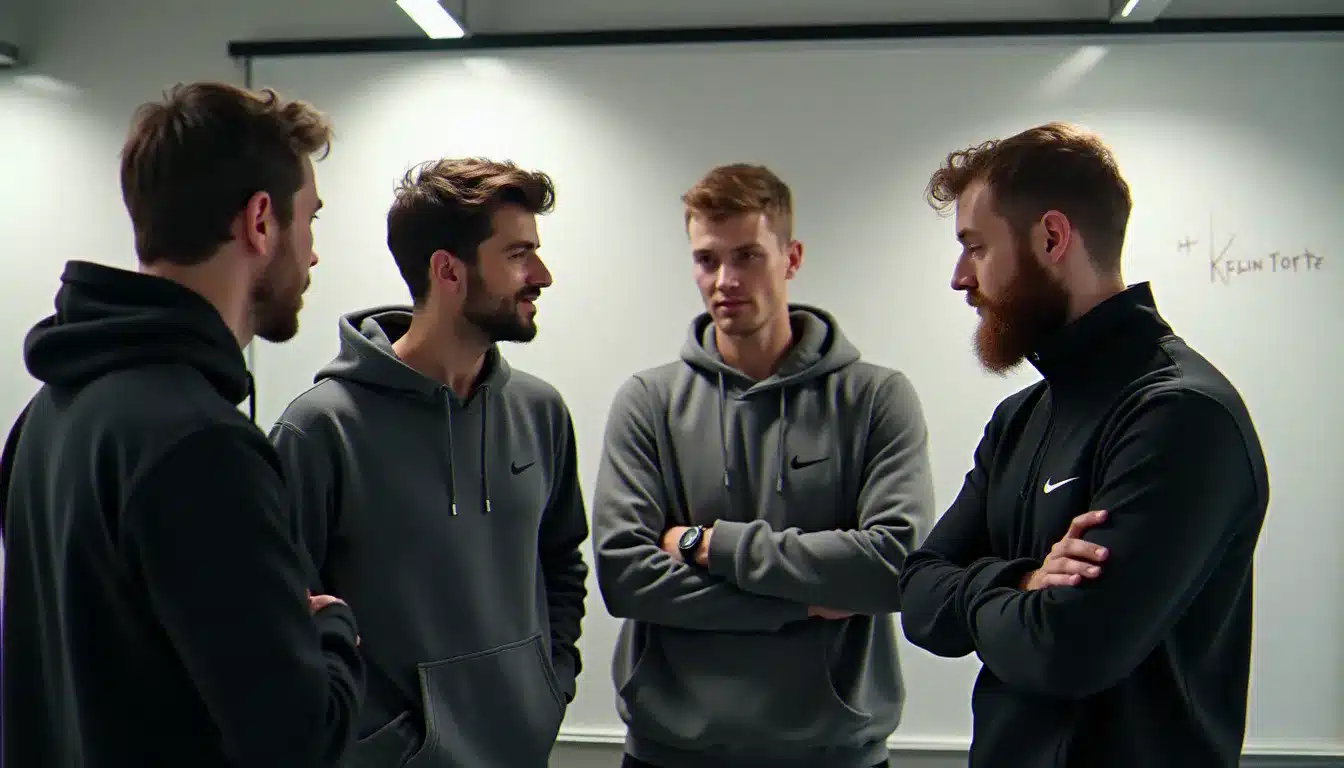 Équipe de quatre développeurs portant des pièces nike tech avec poche lors d'une session de brainstorming en hackathon