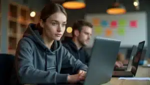 Participante à un hackathon portant un nike tech avec poche gris, assise devant plusieurs ordinateurs dans une salle de coding marathon