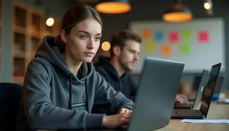 Participante à un hackathon portant un nike tech avec poche gris, assise devant plusieurs ordinateurs dans une salle de coding marathon