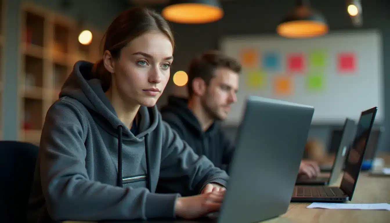 Participante à un hackathon portant un nike tech avec poche gris, assise devant plusieurs ordinateurs dans une salle de coding marathon