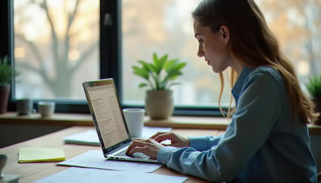 Candidate concentrée préparant son dossier de candidature au prix tech solar refresh sur ordinateur portable entouré de notes techniques