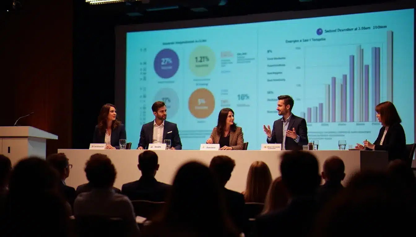 Équipe finaliste pitchant son projet d'innovation solaire devant le jury lors de la finale du prix tech solar refresh dans une grande salle parisienne