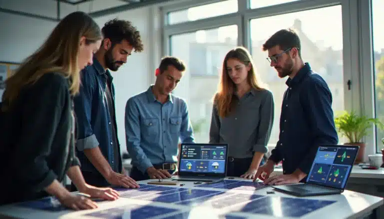 Équipe pluridisciplinaire travaillant sur un prototype de solution solaire dans un lab parisien, contexte du prix tech solar refresh
