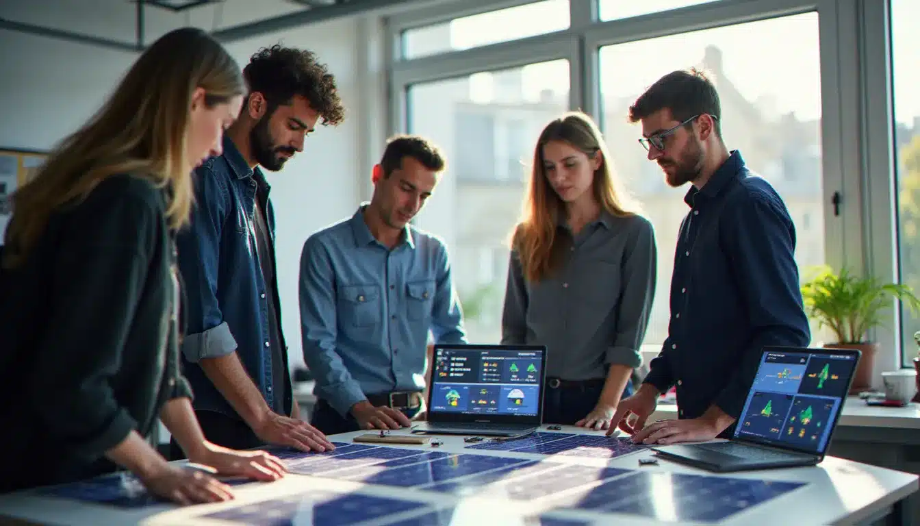 Équipe pluridisciplinaire travaillant sur un prototype de solution solaire dans un lab parisien, contexte du prix tech solar refresh