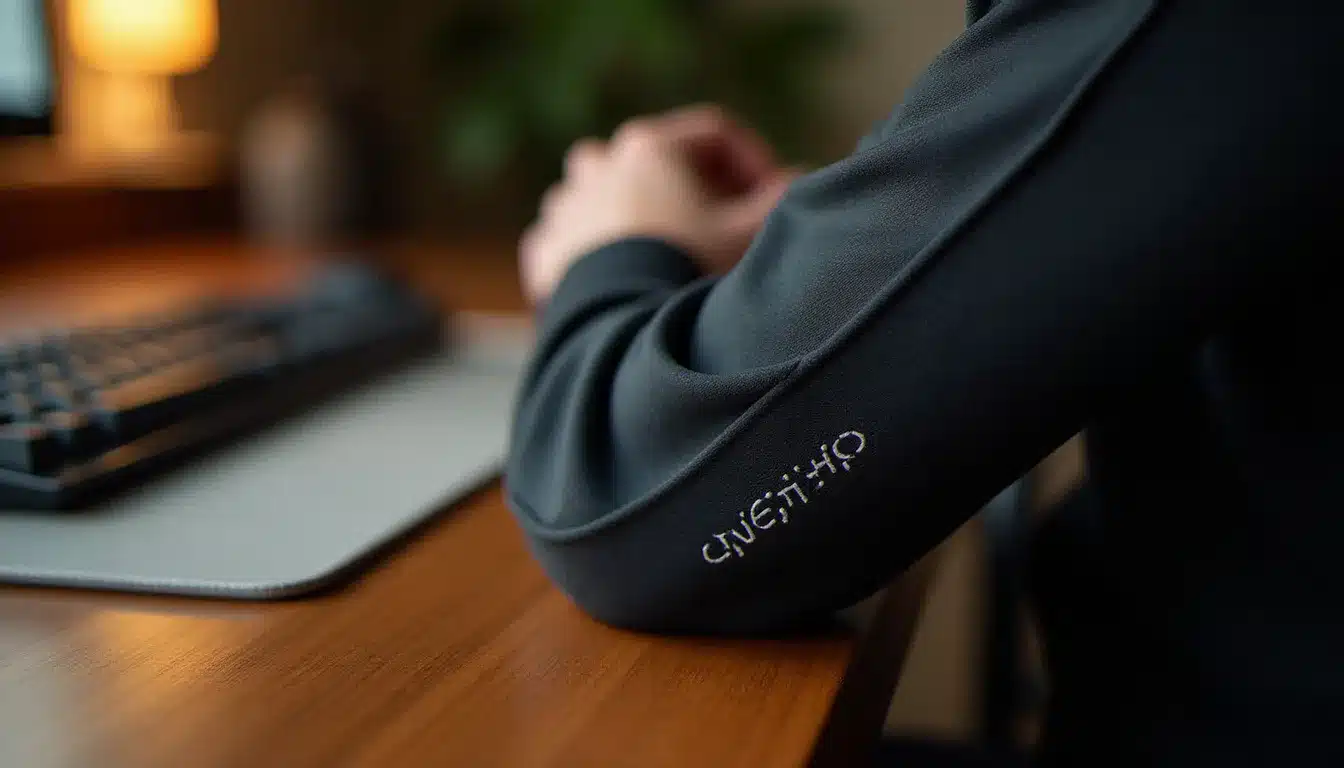 Détail de la texture tricotée du tissu Nike Tech Fleece d'un pull avec capuche posé près d'un clavier mécanique